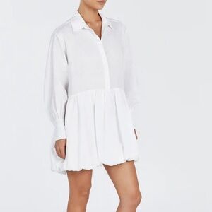 Dissh Violet white linen long blouson sleeves drop waist bubble skirt mini dress